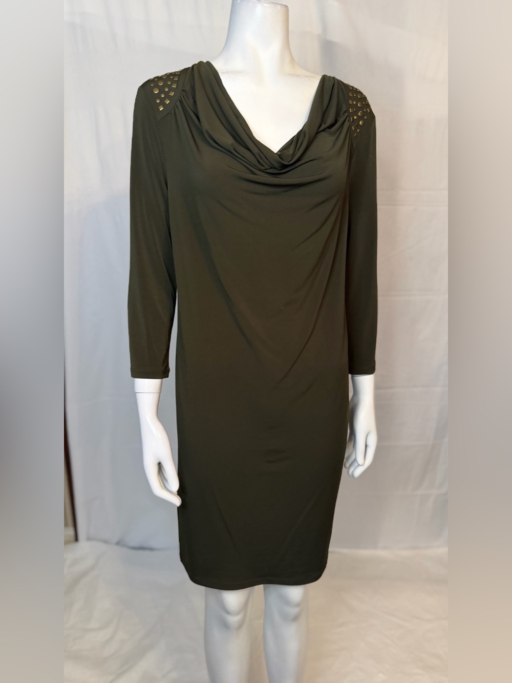 Michael Kors Olive Green Cowl Neck Stud-Shoulder Dress